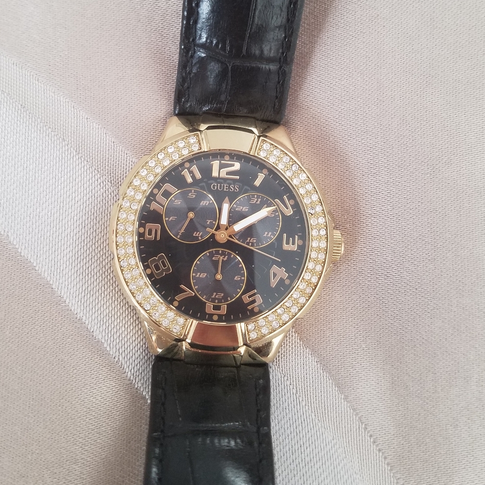 Guess Black Watch Gold Rhinestone Bling
